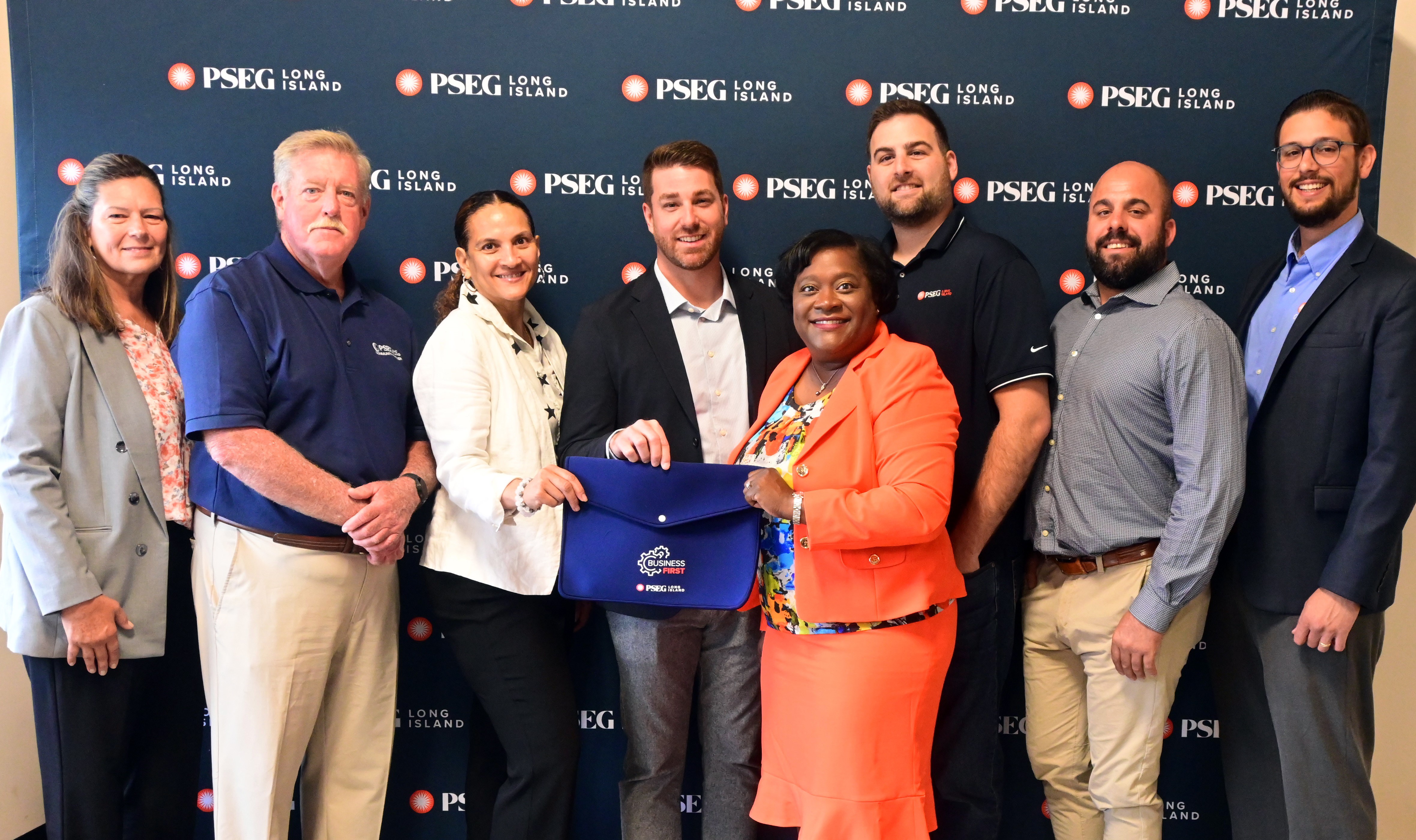 Pictured (l-r) are: Linda Herman, Economic Development specialist; Tim Tansey, business customer advocate; Thenaris Godbolt, billing manager; Michael Presti, director of Customer Experience and Marketing; Veronica Isaac, manager of Customer and Community Partnerships; Matthew Connors, energy efficiency consultant; Myles Perrone, Business Renovation Services; and Paul DiBenedetto, Electric Vehicles Program manager, who were presenters at PSEG Long Island’s inaugural Business First workshop event.