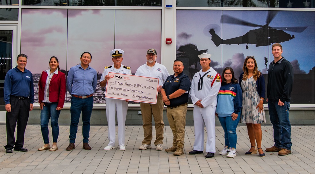 Pictured (l-r) Enrique Morales, Cindy Sabel and German Encalada of PSEG Long Island; Lt. Cmdr. Gary Vertichio, U.S. Naval Sea Cadets; Joe Bosch and Norberto Lopez Gutierrez of PSEG Long Island; Chief Petty Officer Liam Gutierrez and former cadet Mila Gutierrez, U.S. Naval Sea Cadets; Mariela Espinosa and John Zimmermann of PSEG Long Island.